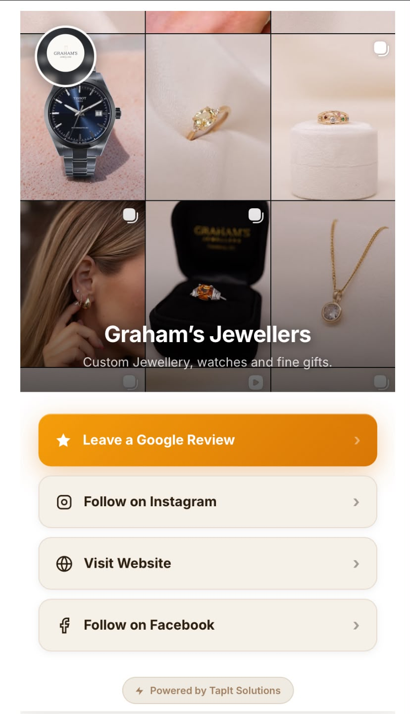 Graham's Jewellers customer page with jewellery, watches, reviews, Instagram, website and Facebook links